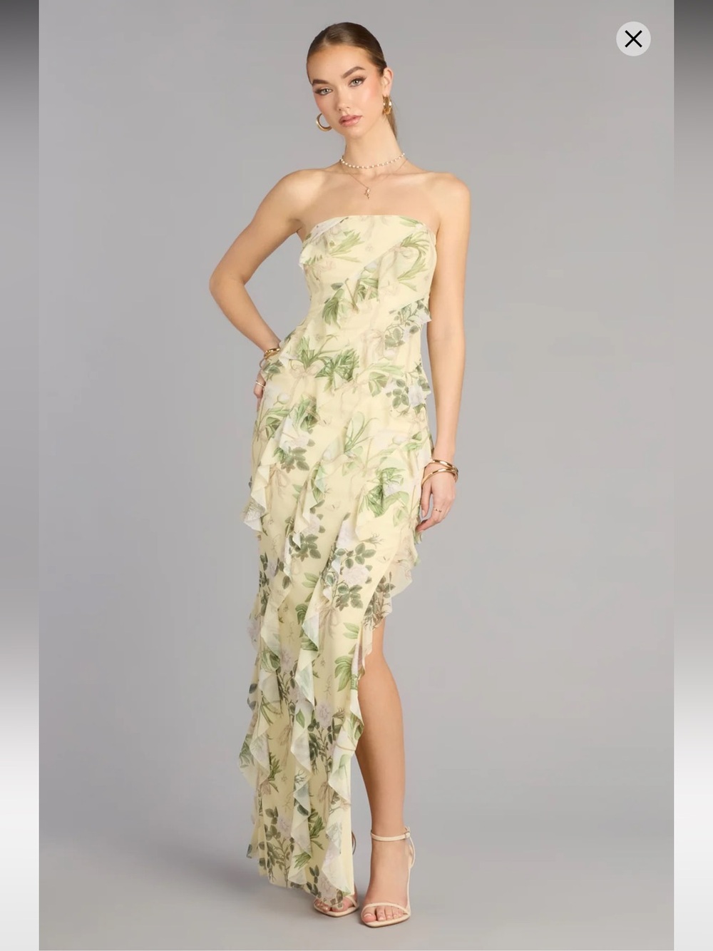 Windsor Strapless Light Yellow Floral Ruffle Maxi Dress – Size S